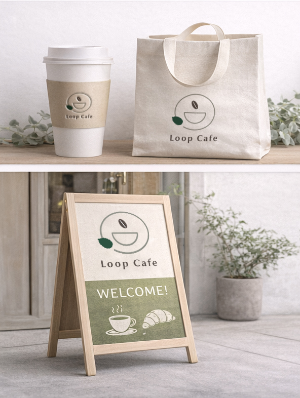 サステナブル志向のカフェを想定したロゴデザインとモックアップ